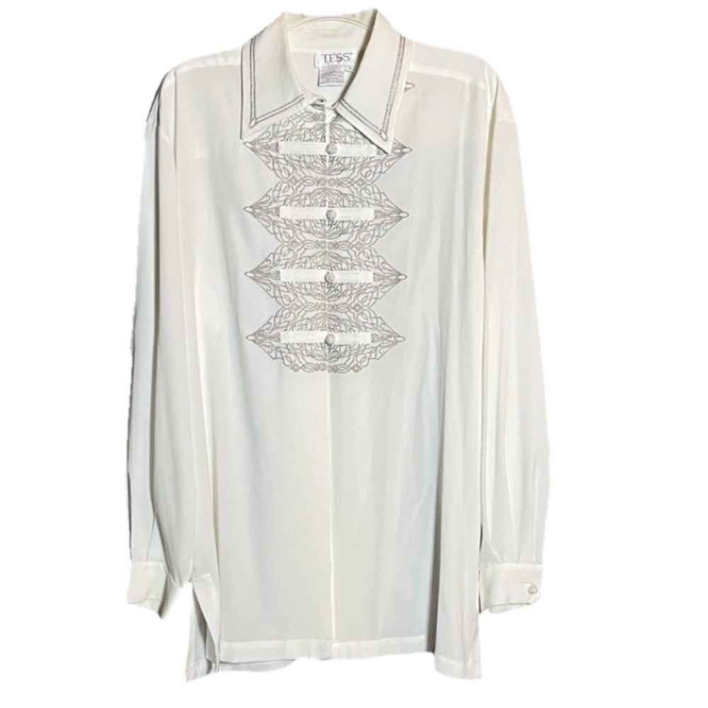 Vintage White Long Sleeve Women’s Size L Button Up Blouse Silver Embroidery
